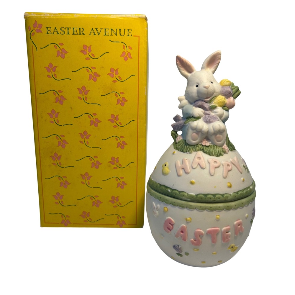Easter Avenue Bunny Rabbit Figurine Trinket Box Happy Easter Egg Decor 6" Vintag